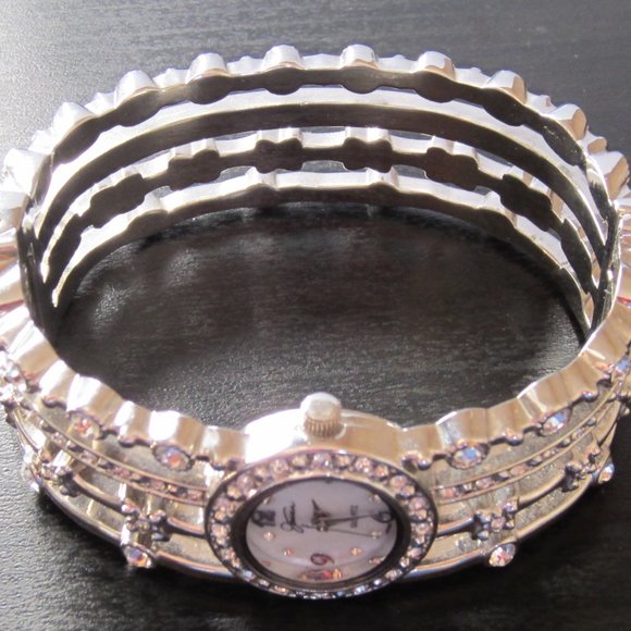 Fancy Bangle Watch Hinged Bracelet with MOP dial and Rhinestones - Picture 10 of 11